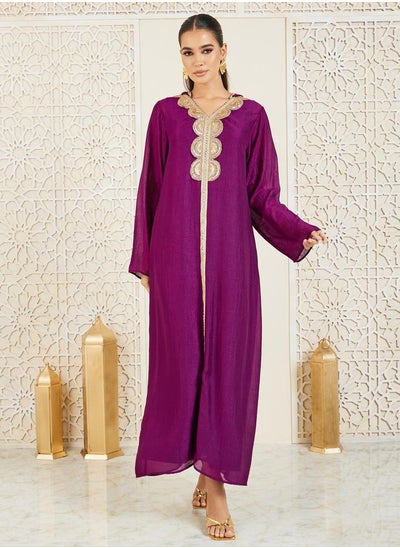 Buy Embroidered Lace Detail Hooded Jalabiya in Saudi Arabia