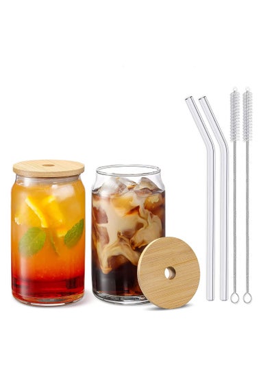 اشتري Borosilicate Drinking Glasses Set, Can Shaped Glass Cup with Bamboo Lid Straw and Cleaning Brush Set Of 2 550 ML في الامارات