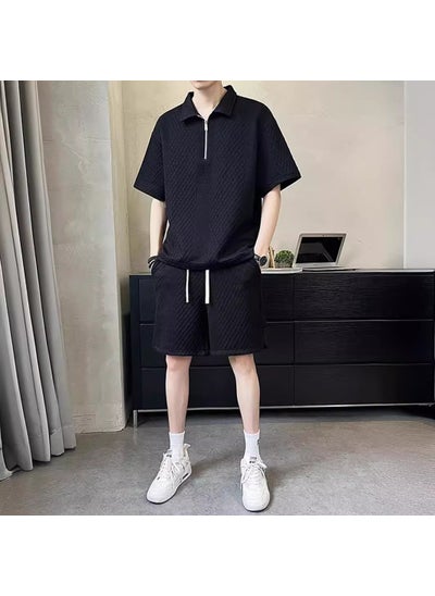 اشتري Trendy Waffle Knit Polo Casual Suit Black في السعودية