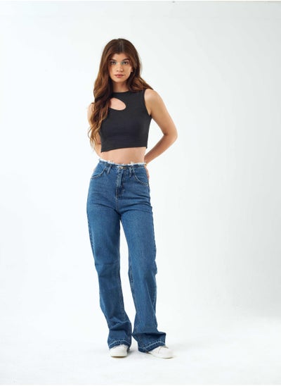 اشتري High-Waist Dark Wash Full Length Frayed Waistband Straight Leg Jeans. في السعودية