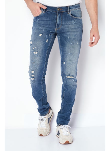 Buy Men Regular Fit Rip Stretchable Denim, Blue in Saudi Arabia