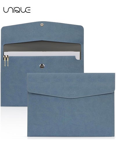 Buy File Folder, PU Leather A4 Document Holder Organizer Filing Envelope Portfolio Case Tablet Sleeve with Magnetic Snap Closure for Home School Office Stationery (Blue) in UAE