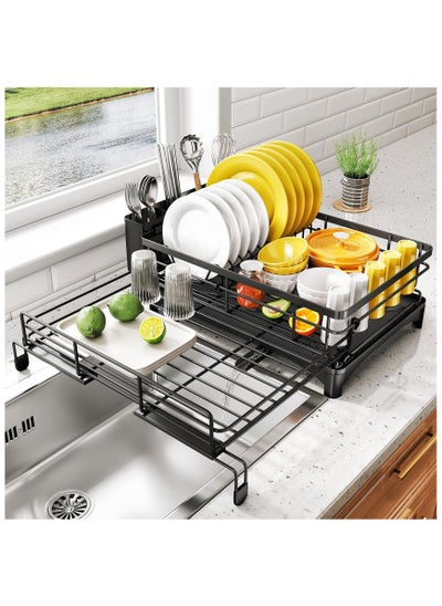 Buy Dish Drying Rack,Extendable Dish Rack, Large Sink Drying Dish Drainer for Kitchen Counter, Stainless Steel Dish Strainer with Utensil Holder, Black in Saudi Arabia