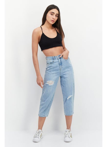 Buy Women Regular Fit Ripped Denim Jeans, Mid Blue in UAE