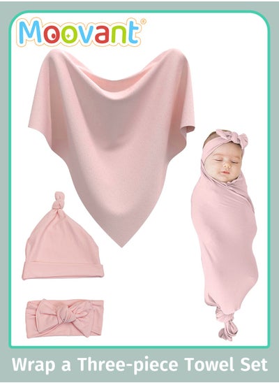 Buy 3PCS Newborn Receiving Blanket with Matching Headband and Beanie Set  Soft and Cozy Baby Swaddle Nursery Swaddle Wrap Anti Startle Swaddle Towel for Girl and Boy Pink in Saudi Arabia