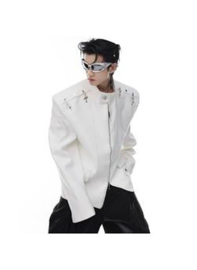 Buy Autumn Deconstructed Metallic Clasp Blazer Jacket Men White in UAE