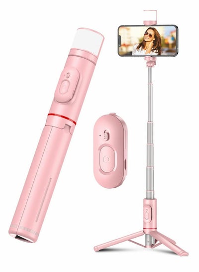 Buy Bluetooth Selfie Stick Tripod 270 Rotation Extendable 3 in 1 Aluminum with Fill Light Mobile Phone Self Timer Rotating Live Broadcast Support for iPhone Android (Pink) in Saudi Arabia
