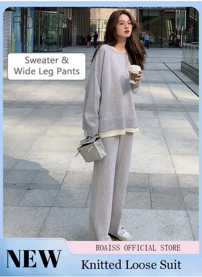 Buy Women's Oversized Loose Suit Knitted Sweater Outfits 2 Piece Casual Set Solid Color Long Sleeve Wide Leg Pants in UAE