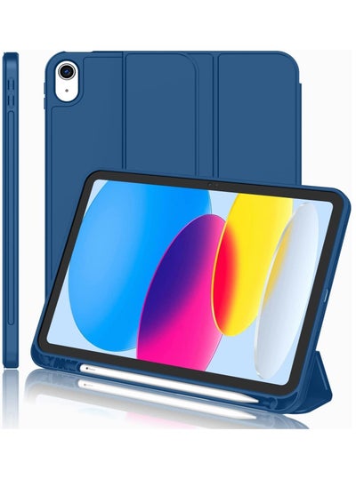 اشتري New iPad 10.9 Inch Case 2022 (10th Gen) with Pencil Holder – Trifold Stand Smart Case, Soft TPU Back, Auto Wake/Sleep (Navy Blue) في الامارات