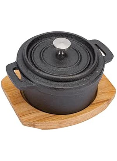 Buy 10cm Round Cast Iron Mini Saucepan 270ml with Side Handles and Wooden Base | Iron Food Serving Pot | Small Pot for Roasting, Cooking, Grilling Cast Iron Oven Safe in Saudi Arabia