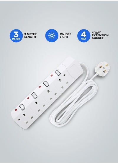 Buy Portable Multi Socket, Extension Board | 4 Way - 3 Meter Cable Power Extension Socket | Multi Plug Power Cable | High Quality, Heavy Duty Power Switch in UAE