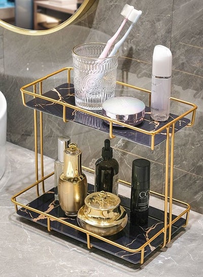 Buy 2-Tier Metal Countertop Bathroom Organizer Rack and Cosmetic Countertop Storage Shelf with Removable Marble Glass Tray in Saudi Arabia