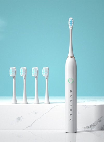 Buy Sonic Electric Toothbrush Rechargeable Ideal for Adults Children, 6 Optional Modes IPX7 USB Fast Charging Electric Ultrasonic Toothbrush with 2 min Build in Timer & 4 Replacement Brush Heads（White） in Saudi Arabia