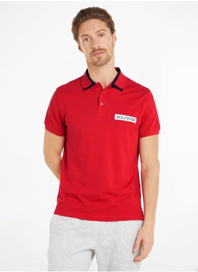 Buy Men's Tipped Logo Embroidery Regular Fit Polo - Cotton, Red in UAE