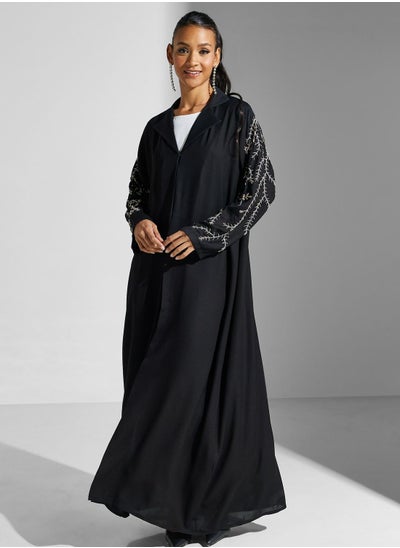 Buy Embellished Flared Sleeve Black Abaya With Sheila in UAE