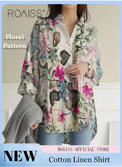 Buy Ladies Stylish Lapel Shirt for Daily Commute Single Breasted Long Sleeve Top with Simple Design and Loose Fit Featuring a Beautiful Floral Pattern in UAE