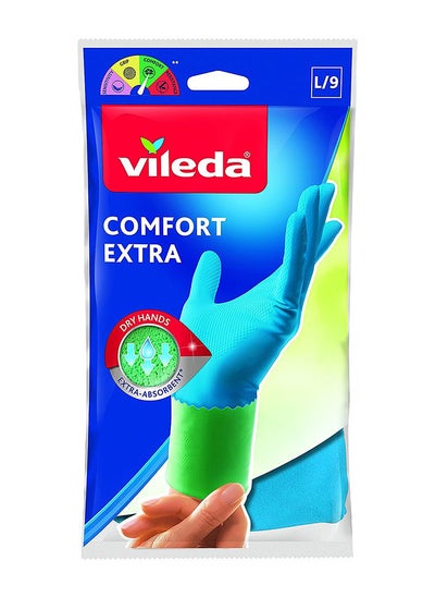 Buy Vileda Comfort Extra Reusable Rubber Gloves L, Latex,  Absorbent Interior, Protects Your Skin, Blue & Green, Large Size (1 Pair Per Pack) in UAE