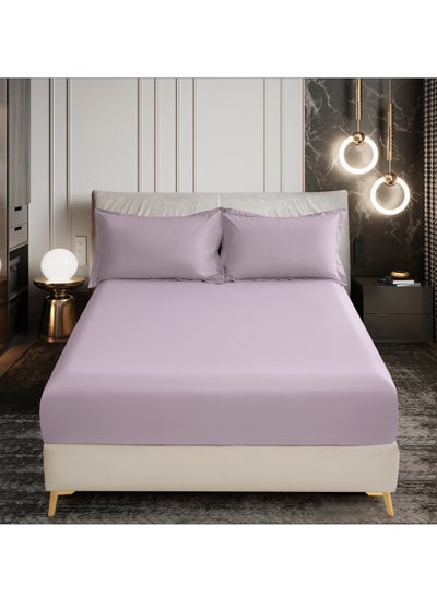 Buy Bedding Fitted Sheet 3-Pcs Super King Size Solid Bed Sheet Set Fits(200x200CM) With Pillowcases And 35 CM Extra Deep Brushed Microfiber Bed Sheet,Lilac in Saudi Arabia