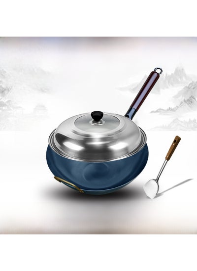 Buy Non-Stick Uncoated Stir Fry Pan suit 38cm [round] 1.5 thick wooden handle iron pot lid spatula [manual pot]] in Saudi Arabia