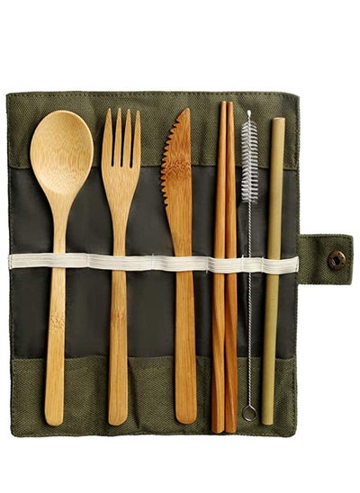 Buy Bamboo Cutlery Set, Bamboo Travel Utensils Include Knife Fork Spoon Chopsticks Straws in UAE