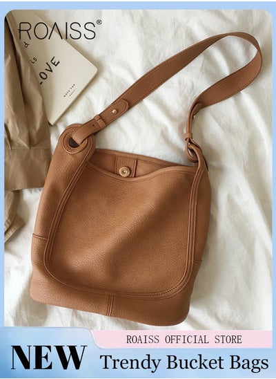 Buy Large-Capacity Bucket Bag for Women Can Be Used As A Cross-Body Bag Fashionable and Versatile Retro Casual Soft Leather Separate Ipped Bag Inside in UAE