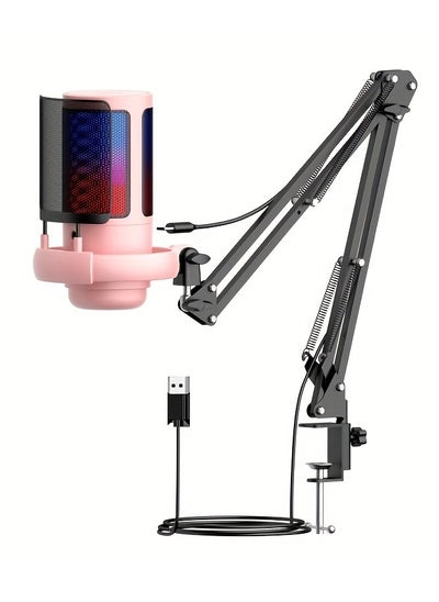 Buy Gaming Microphone with RGB Lighting USB Condenser Podcast Microphone, Tap-to-Mute Sensor Cardioid Polar Pattern for Gaming Streaming,Pink in Saudi Arabia