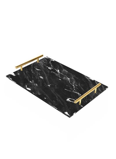 Buy Decorative Acrylic Serving Tray with Gold Color Metal Handles Marble Waved 24x34cm in Saudi Arabia