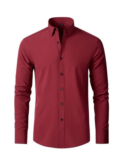 Buy Stretch Non-Iron Anti-Wrinkle Shirt, Men Long Sleeve Button Wrinkle Free Slim Fit Business Shirt Wine Red in Saudi Arabia