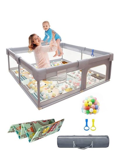 Buy Playpen, Baby fence with playing mat Toddler Fence with Anti-Slip Suckers Portable Activity Center with Balls(Grey) in UAE