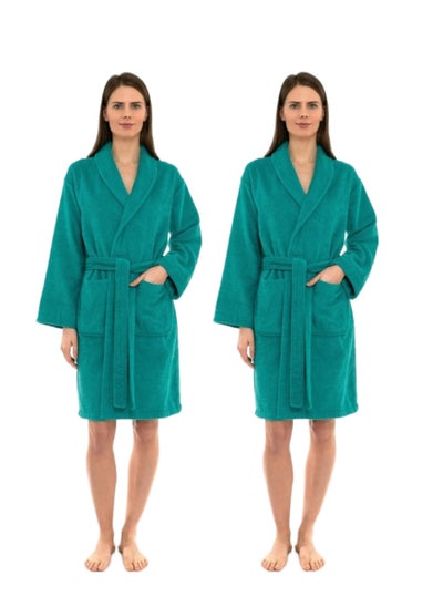 Buy 2 Pieces Peacock Green Colour Soft Terry  Bathrobe Large Sizes in UAE