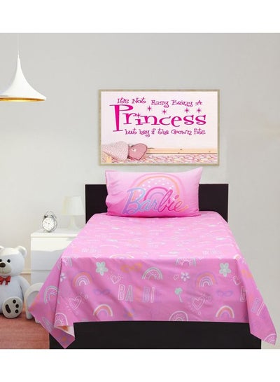 Buy 2-Piece 144TC Poly Cotton Printed Super Soft Quality Kidz Klub Barbie Doll Pink Bedsheet Twin Set Includes 1xFitted Bed Sheet 160 x 240cm, 1xPillowcase 50x75cm in UAE
