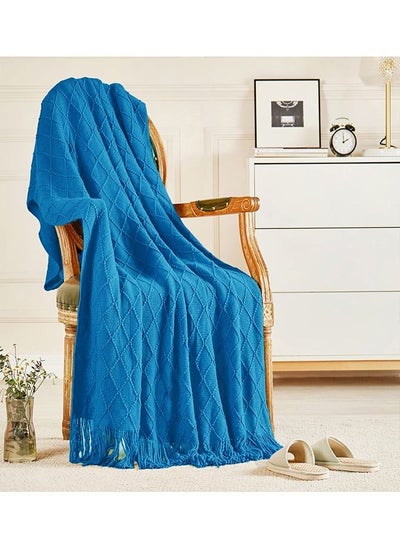 Buy Soft Cozy Knit Blanket with Tassels for Couch and Bed Dark Blue in UAE