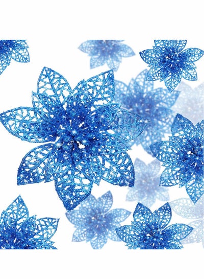 Buy Glitter Poinsettia Flowers Artificial, 24 Pcs 2 Size Blue Decorations Tree Ornaments for New Year/Holiday/Seasonal/Wedding Party Wreath DIY Decors in Saudi Arabia