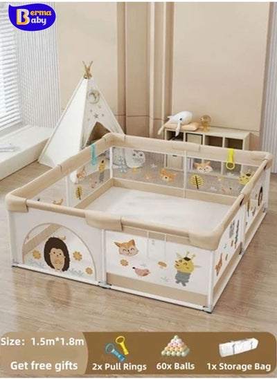 Buy Foldable Baby Playpen 150*180CM, Playard for Babies and Toddlers, Portable Safety Baby Fence Lightweight,No Installation, Indoor & Outdoor Baby Playpen with Ocean Balls*60, White in Saudi Arabia