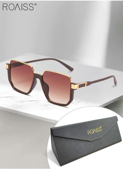 Buy Semi-Frame Square Sunglasses for Men Women, UV400 Protection Sun Glasses with Brown Alloy Frame, Fashion Anti-Glare Sun Shades for Driving, Fishing, Traveling, Gradient Brown Lens in Saudi Arabia