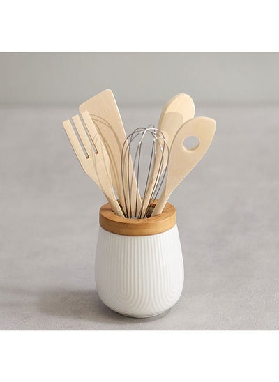 اشتري Princess 6 Piece Utensils Set Porcelain Bamboo Utensil Kit Essential Cooking Utensil Set For Home Kitchen & Dining Room L10.5xW10.5xH25.5cm White في الامارات