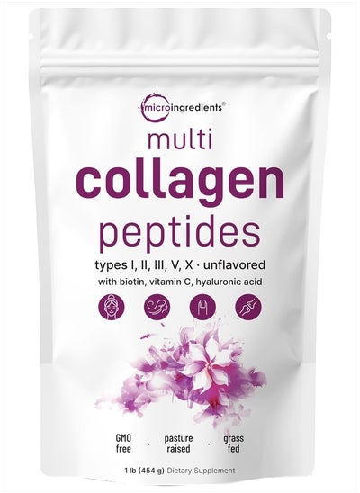 Buy Multi Collagen Peptides Powder Type I,II,III,V,X with Hyaluronic Acid, Biotin & Vitamin C - Unflavored 16 Oz-(454g) in UAE