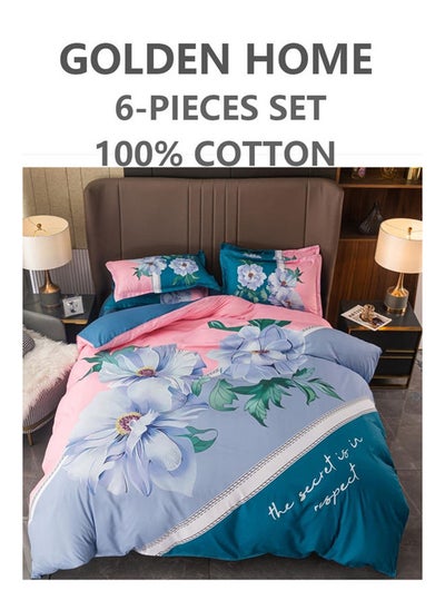 اشتري 6-Piece King Size Printed Cotton Duvet Cover Set Includes 1xFitted Bedsheet 200x200+30cm, 1xDuvet/Bed Cover 220x240 cm, 4xPillow cover 50x75cm Multicolour في الامارات