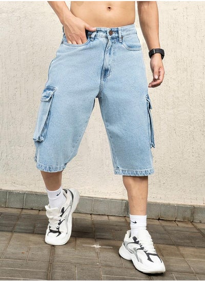 Buy Mid Rise Relaxed Fit Cargo Denim Shorts in Saudi Arabia