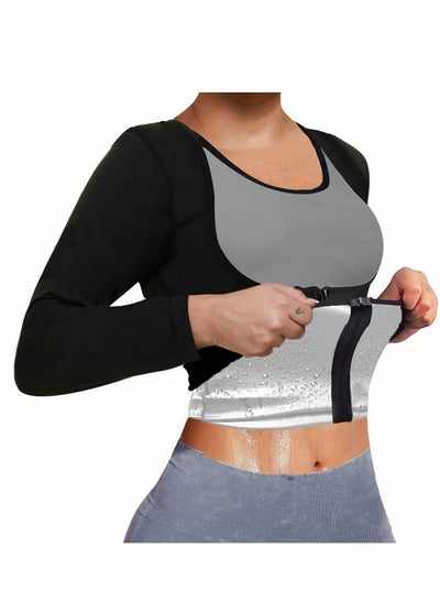 Buy Sauna Suit for Women Sweat Body Shaper Jacket Hot Waist Trainer Long Sleeve Zipper Shirt Workout Top - L in Saudi Arabia