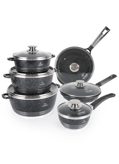 Buy 12-Piece Granite Pots and Pans Set Molded Looped Handles with Premium Glass Lids -Non Stick Cookware Set Includes Casserroles 20/24/28cm, Frying Pans 20/24cm and Sauce Pan 16cm Oven Safe Grey in UAE