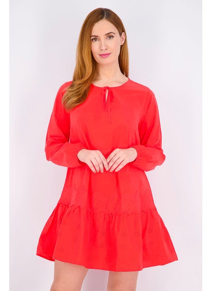 اشتري Women Tie Neck Long Sleeve Plain Dress, Red في الامارات