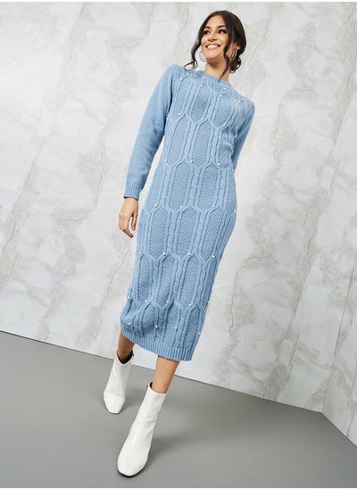 Buy Chunky Cable Knit Embellished Sweater Midi Dress in Saudi Arabia