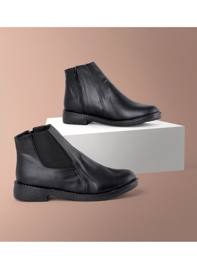 Buy G-47 Ankle boot flat leather Elastic and zip - Black-Leather in Egypt