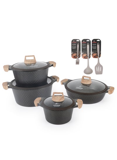 اشتري Cookware Set 11 pieces - LIFE SMILE Pots and Pans set Granite Non Stick Coating 100% PFOA FREE, Induction Base Cooking Set include Casseroles & Shallow Pot & Silicone Utensils (Brown) في الامارات