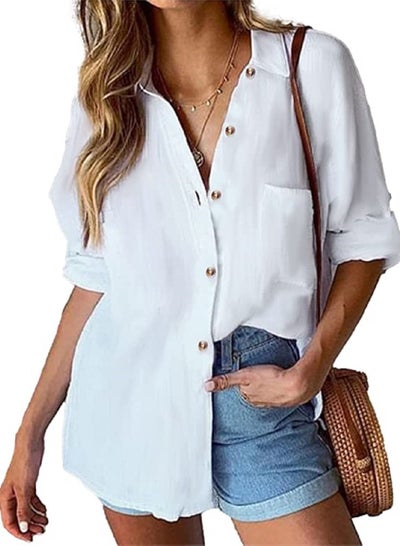 Buy Sunset Women Button Down Casual Blouse Tops Off White in Egypt