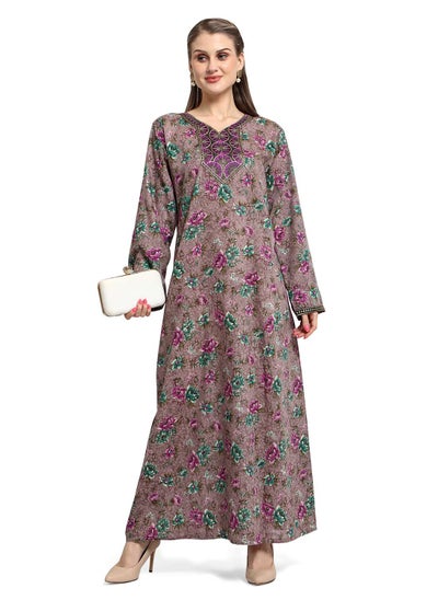 Buy MULTICOLOUR FLORAL PRINTED WITH EMBROIDERED ELEGANT ARABIC KAFTAN CASUAL JALABIYA DRESS in UAE