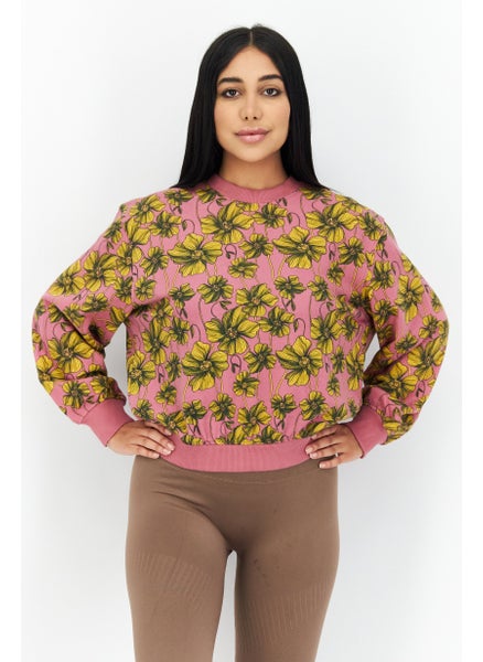 Buy Women Crew Neck Floral Print Long Sleeve Sweatshirt, Pink/Yellow in UAE