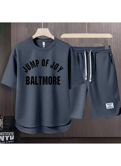 اشتري Cotton Short Sleeve Mens Casual Suit Autumn Fashion Loose Tee  Shorts Set Gray في السعودية