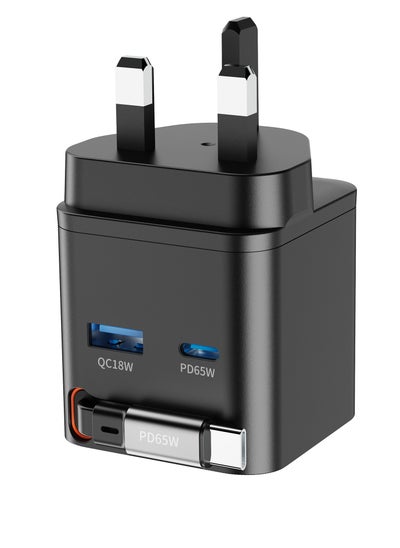 Buy Dual Port GaN Wall Charger with Retractable 75cm Cable / 3-Device Simultaneous Charging / Built-In Safeguards / Fire-Proof / Safe & High-Speed Charging / UK 3-Pin Plug - Black in UAE